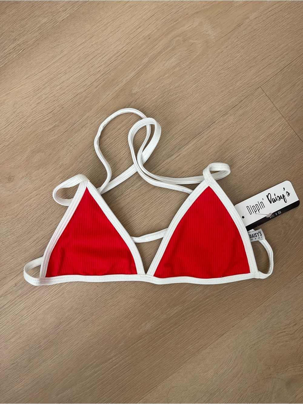 Red Triangle Ribbed Bikini Top with White Trim Size Large